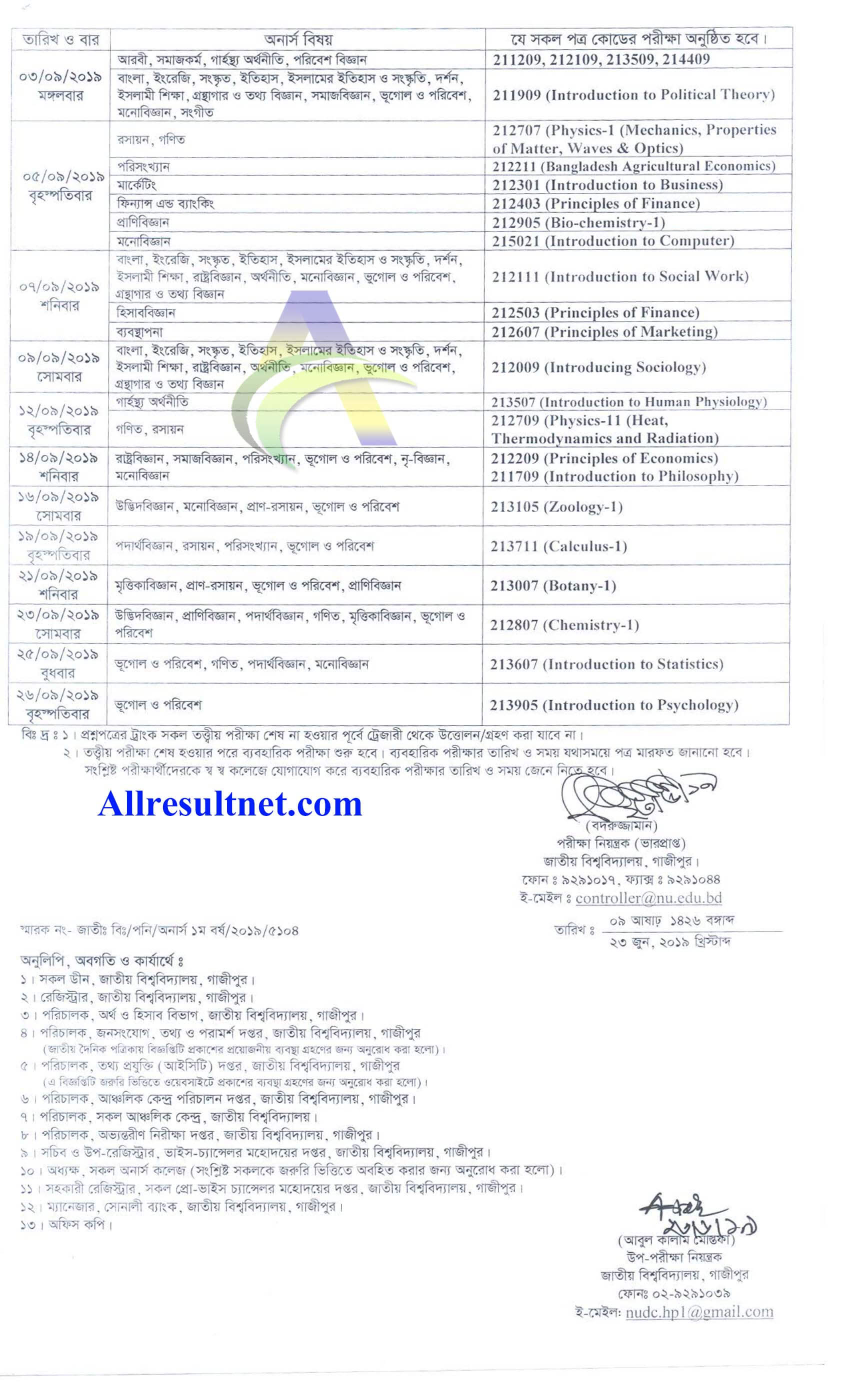 Honours 1st Year Final Exam Routine 2021