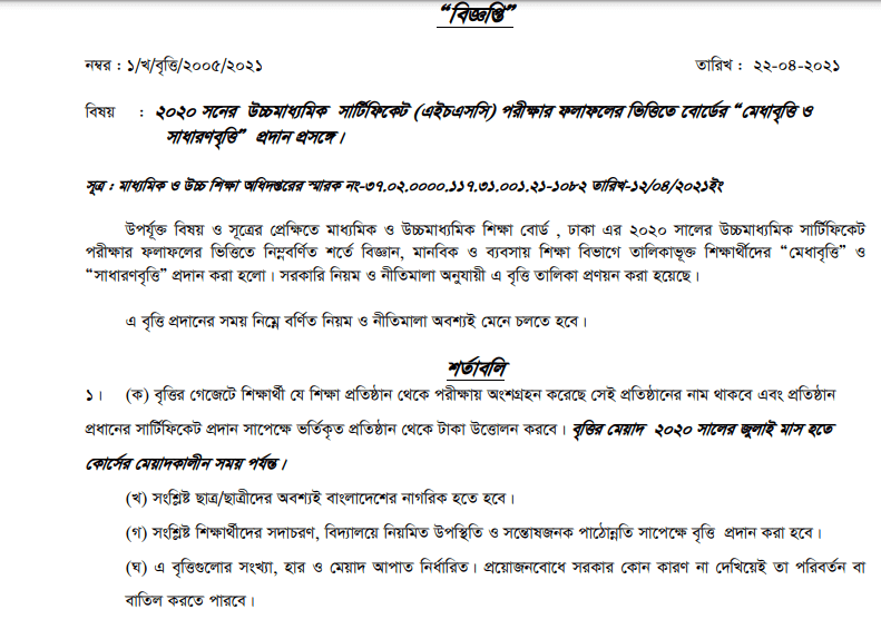 Dhaka Board HSC Scholarship Result 2022