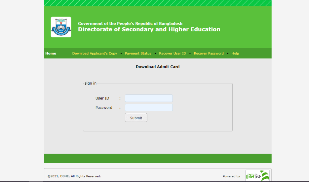 DSHE Admit Card 2021 Teletalk
