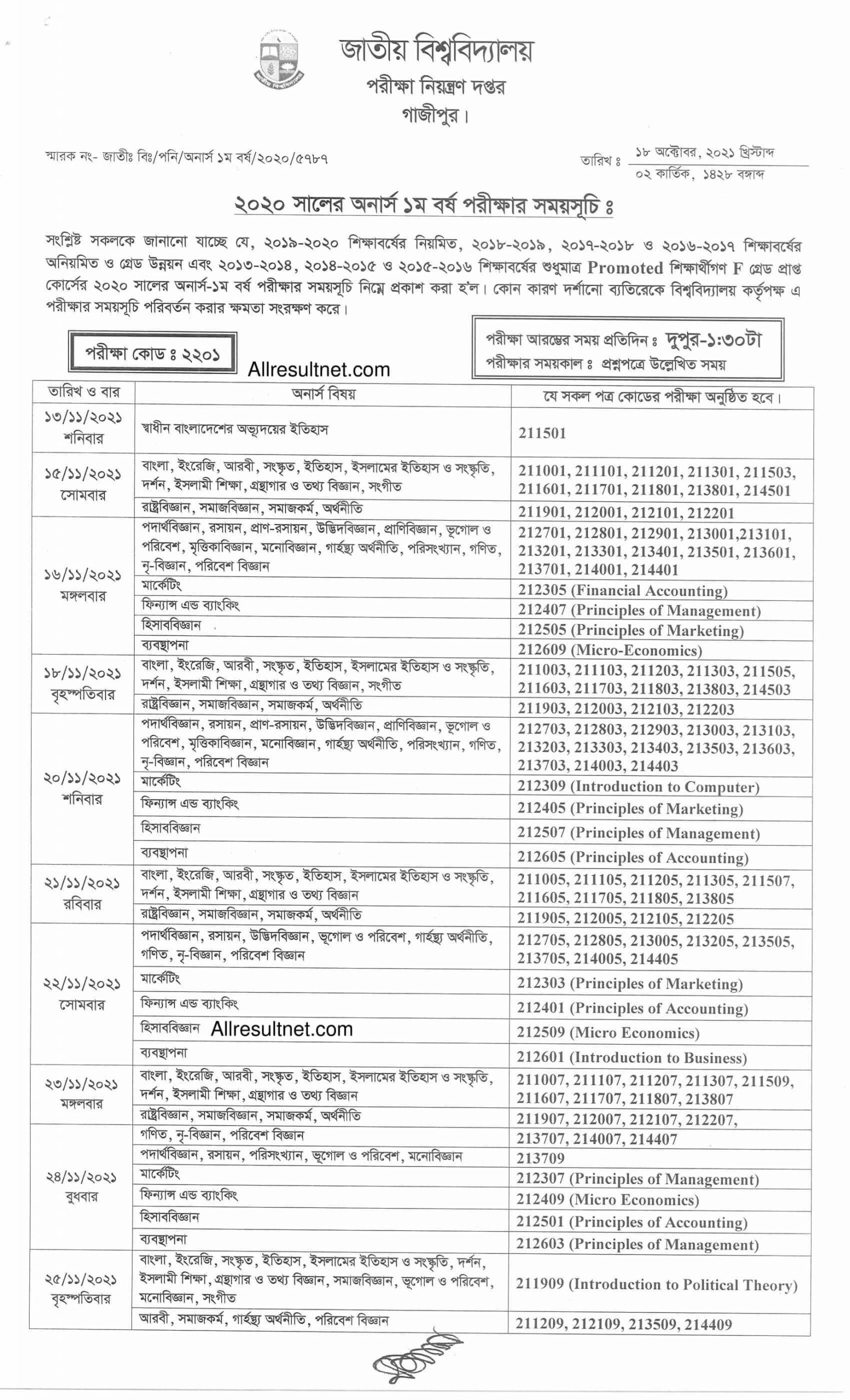Honours 1st Year Routine 2021 October News