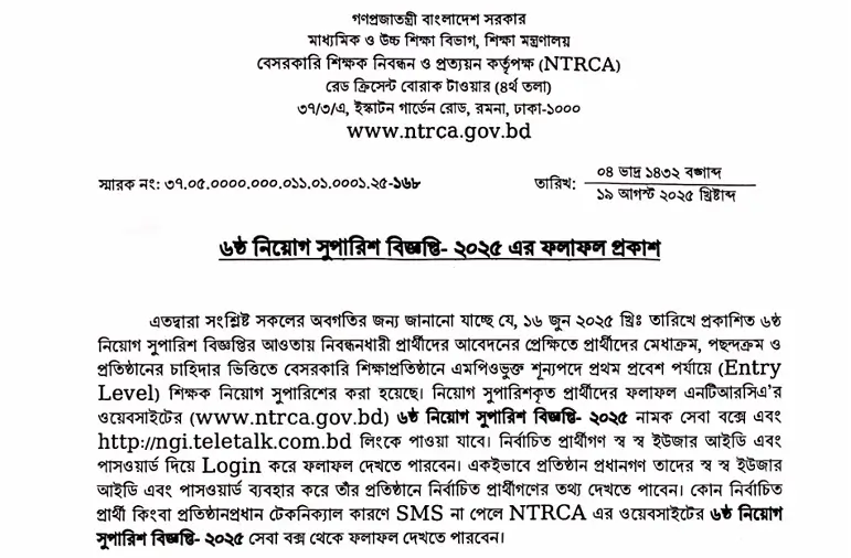 NTRCA 6 Gonobiggopti Result 2025 Published