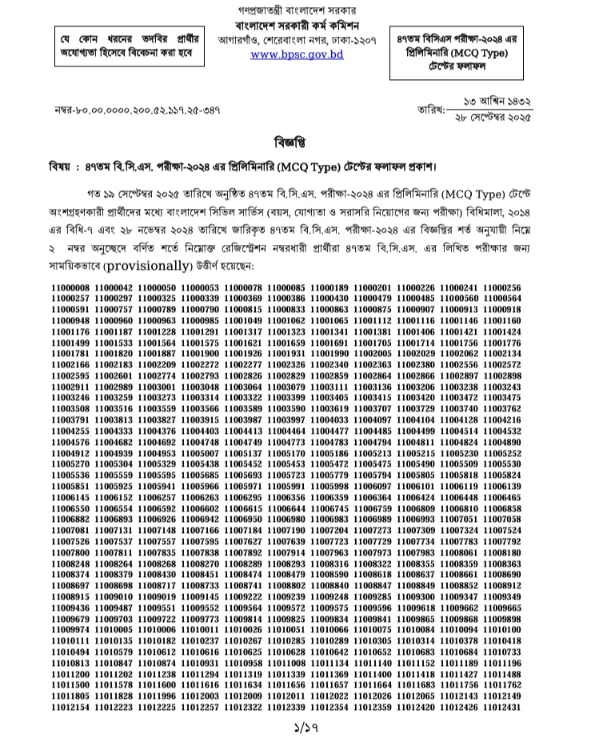 47th BCS Preli Result 2025