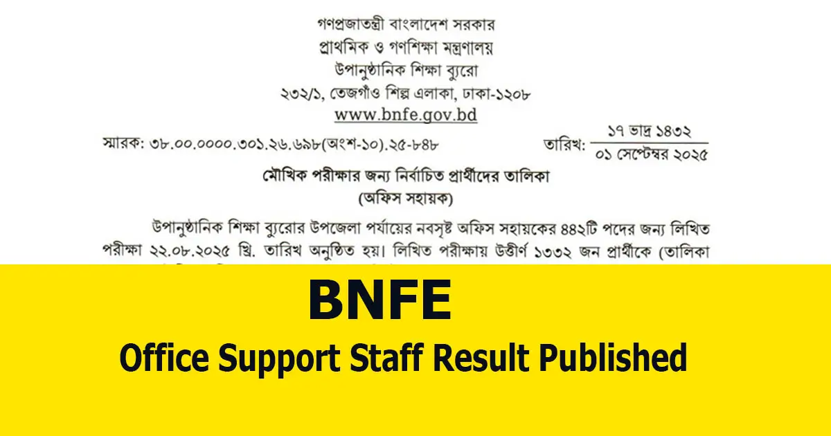 BNFE Office Support Staff Result 2025 Published