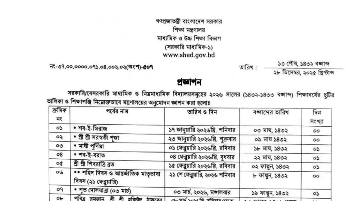 High School Holiday List 2026